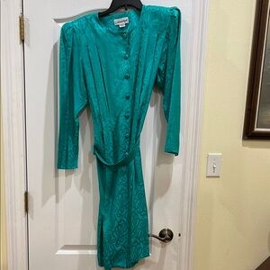 Vintage Teal Button-Up Dress with Belt size 14 with shoulder pads